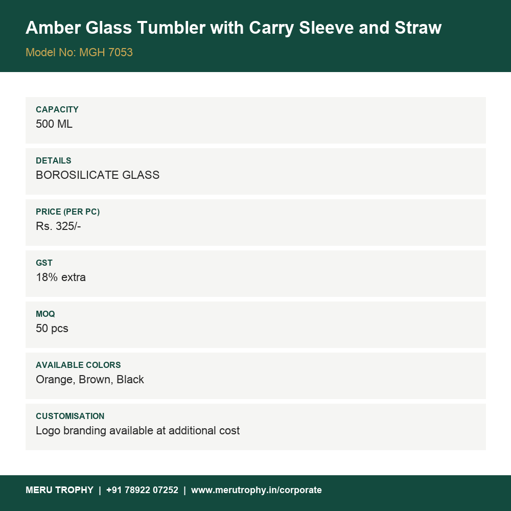 Amber Glass Tumbler with Carry Sleeve and Straw - product details card - Meru Trophy corporate gifting