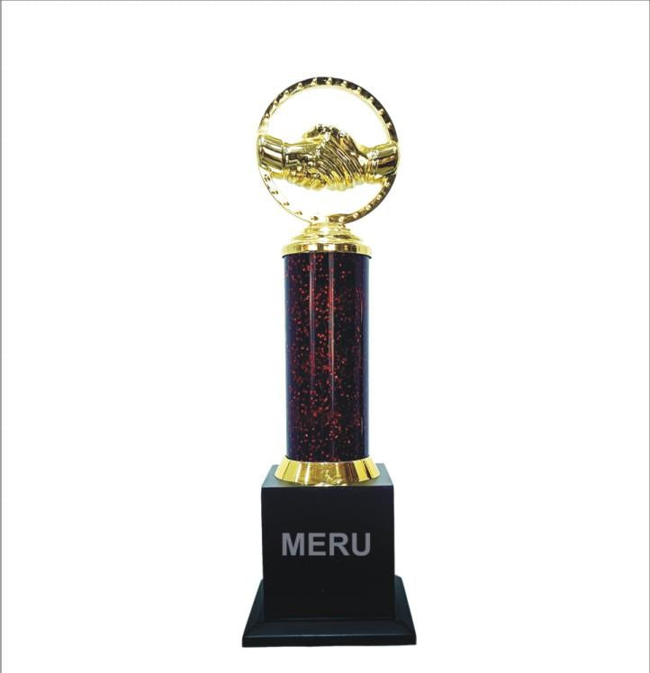 Gold handshake trophy symbolizing partnership and recognition awards. Perfect for best Employee award and corporate award trophies.