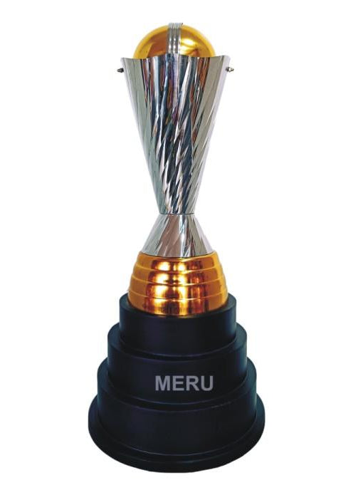 Image Silver metal trophy with golden sphere; ideal for sports awards and recognition ceremonies.