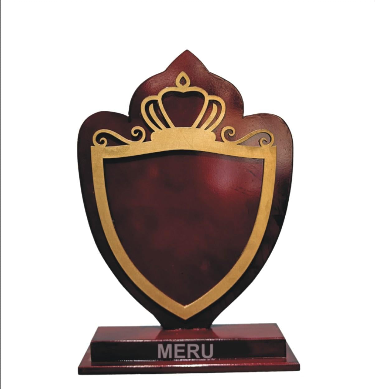 Image of a distinguished wooden shield trophy; ideal for awards and recognition.
