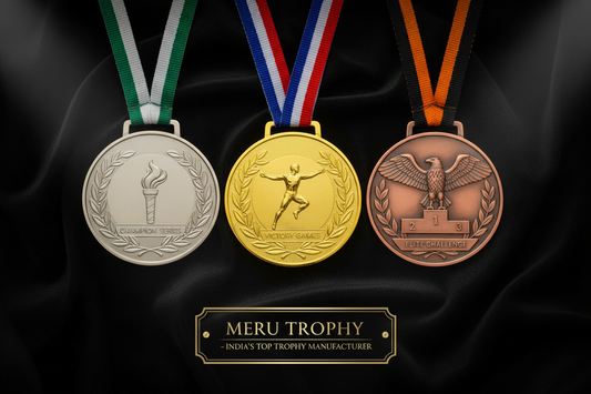 A collection of gold silver and bronze medals for sports events provided by Meru Trophy, top trophy manufacturer in India.