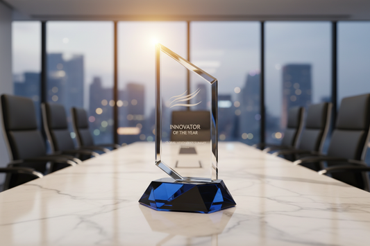 A premium acrylic trophy design displayed in a modern office setting to showcase corporate recognition excellence.
