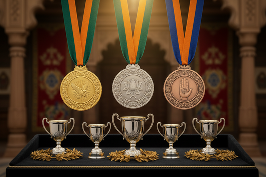 A premium collection of gold, silver, and bronze medals displayed for an awards ceremony in India, showcasing high quality.