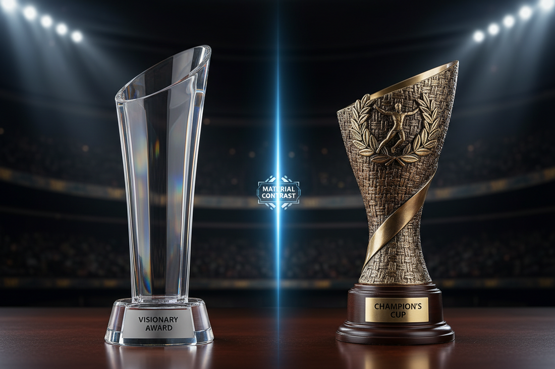 A premium acrylic trophy design being displayed at a sports awards ceremony, highlighting its clarity and elegant shape.