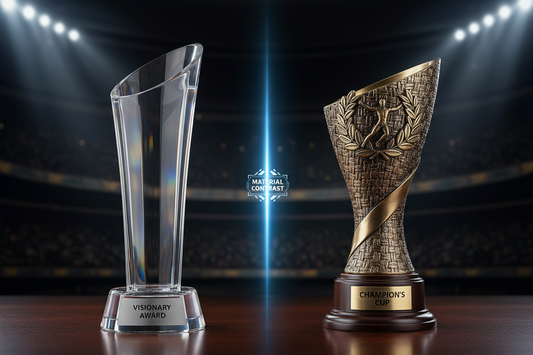 A premium acrylic trophy design being displayed at a sports awards ceremony, highlighting its clarity and elegant shape.