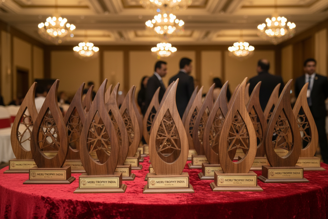 High-quality handcrafted wooden mementos and premium wooden trophies for hospitality industry awards by Meru Trophy India.