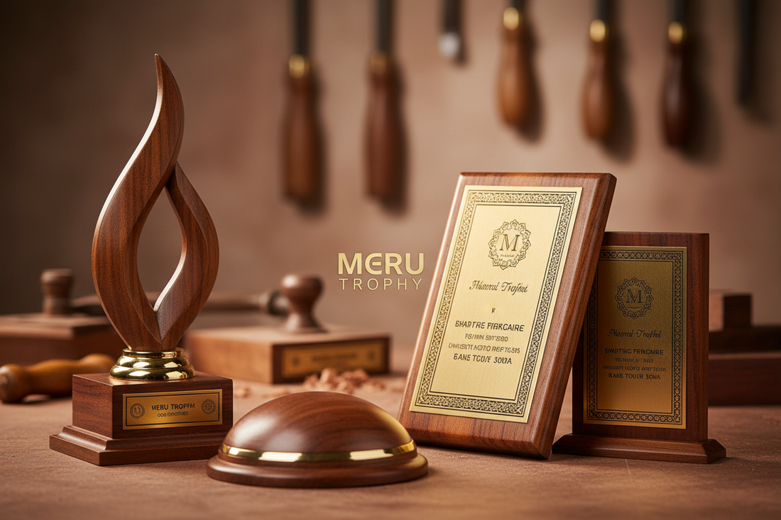 High-quality wooden mementos by Meru Trophy showing premium finish to prevent wooden trophy cracking in India.