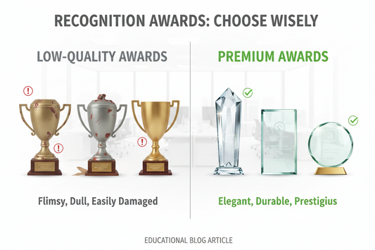 Premium crystal recognition awards and custom engraved trophies for corporate employee recognition by Meru Trophy.