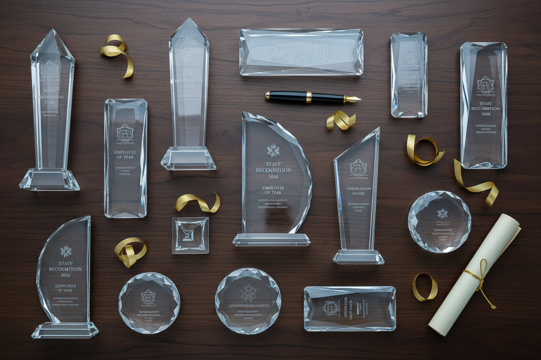 Premium crystal corporate awards and trophies for 2026 annual galas by Meru Trophy, featuring custom engraving for staff.