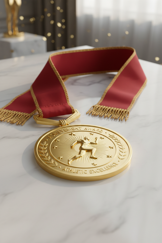 Premium gold medal of achievement for athletes displayed on a satin ribbon, perfect for sports awards and ceremonies.