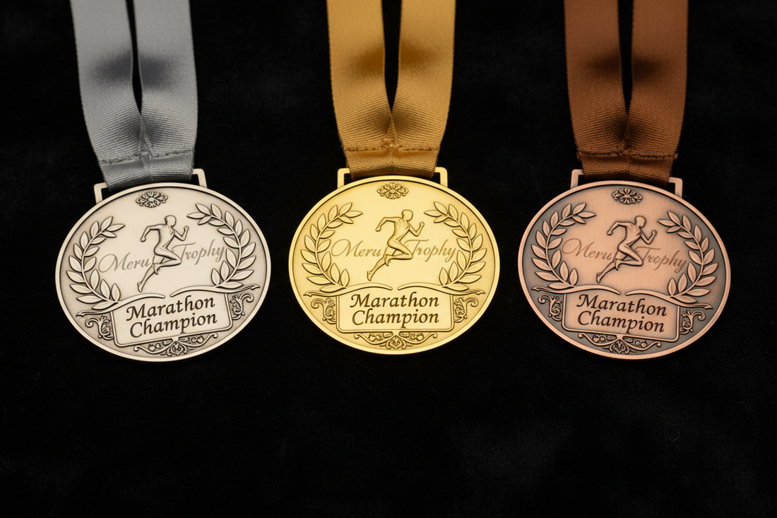 Premium gold silver and bronze medals with custom engraving for marathon winners from Meru Trophy in India.