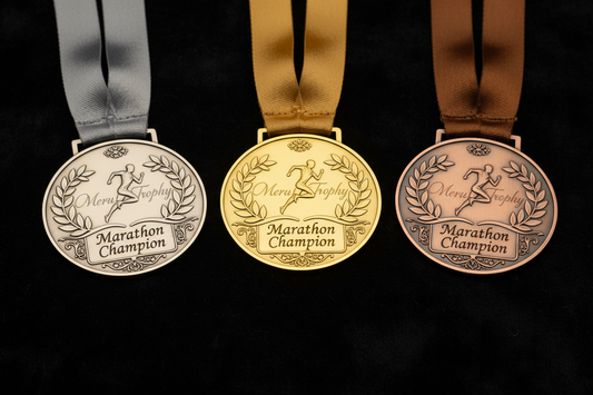Premium gold silver and bronze medals with custom engraving for marathon winners from Meru Trophy in India.