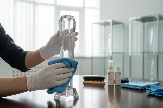 Professional cleaning of a premium crystal trophy to remove cloudiness for long-term display by Meru Trophy experts.