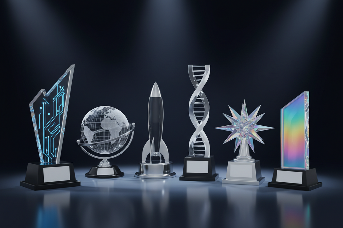 Top 6 unique acrylic trophy designs for tech company awards by Meru Trophy showing premium acrylic recognition awards.