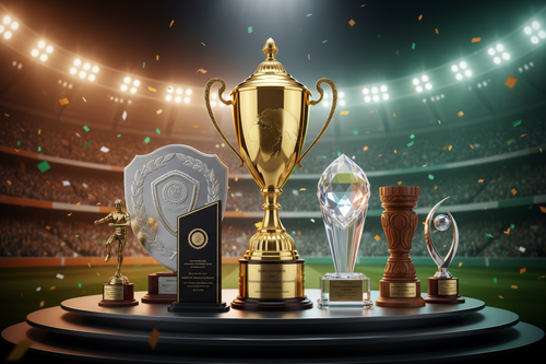 Premium crystal trophy and awards displayed by a top trophy manufacturer in India for large-scale sporting events in 2026.