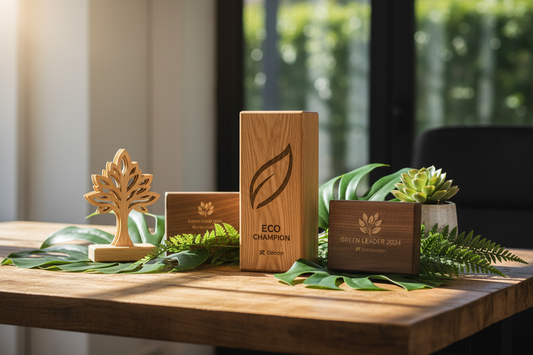 High-quality eco-friendly wooden mementos and customized wooden trophy designs for corporate recognition from Meru Trophy India.