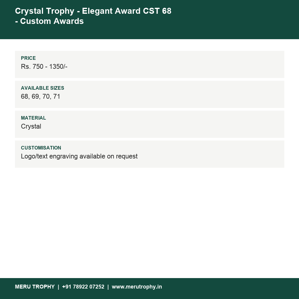 Crystal Trophy - Elegant Award CST 68 - Custom Awards details - Meru Trophy