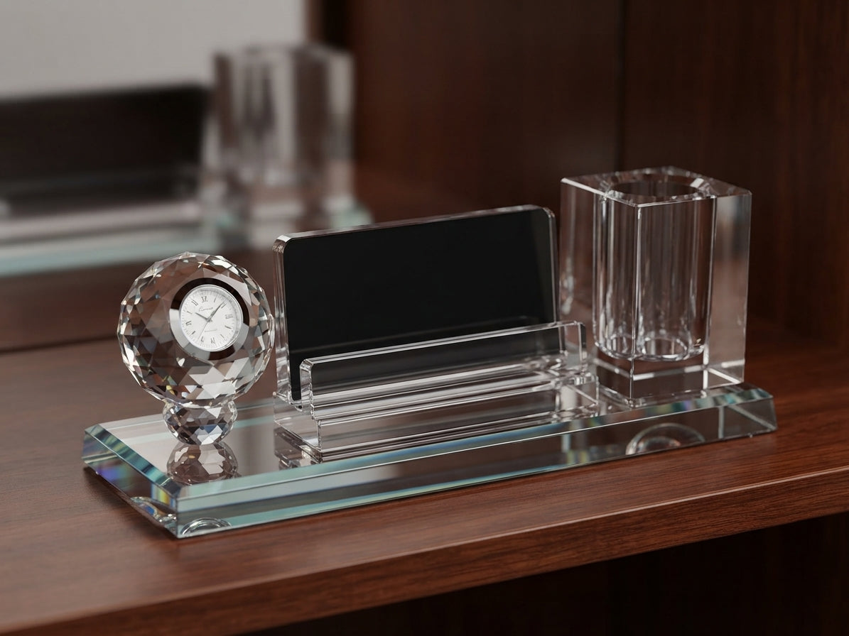 Crystal Trophy with Desk Organizer Clock and Pen Stand CST 94 - Unique Awards alternate view - Meru Trophy