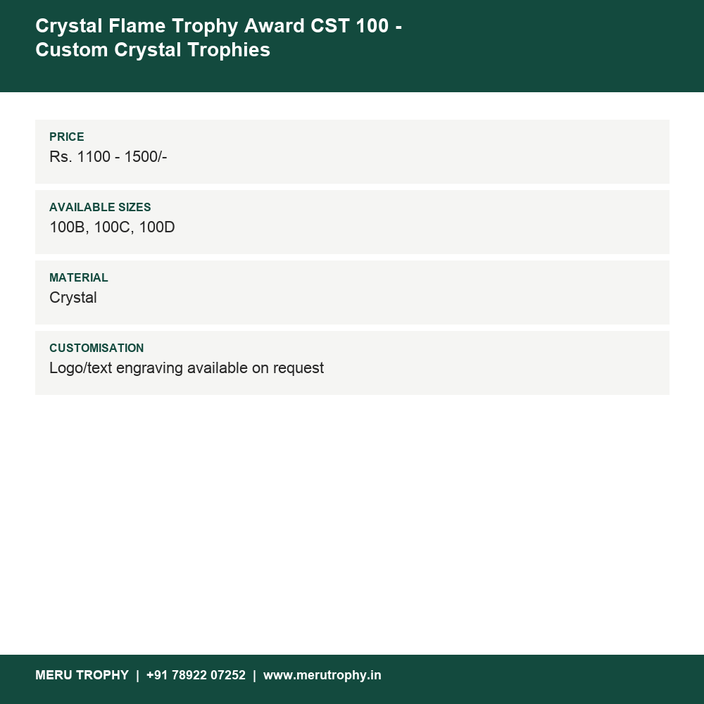 Crystal Flame Trophy Award CST 100 - Custom Crystal Trophies details - Meru Trophy