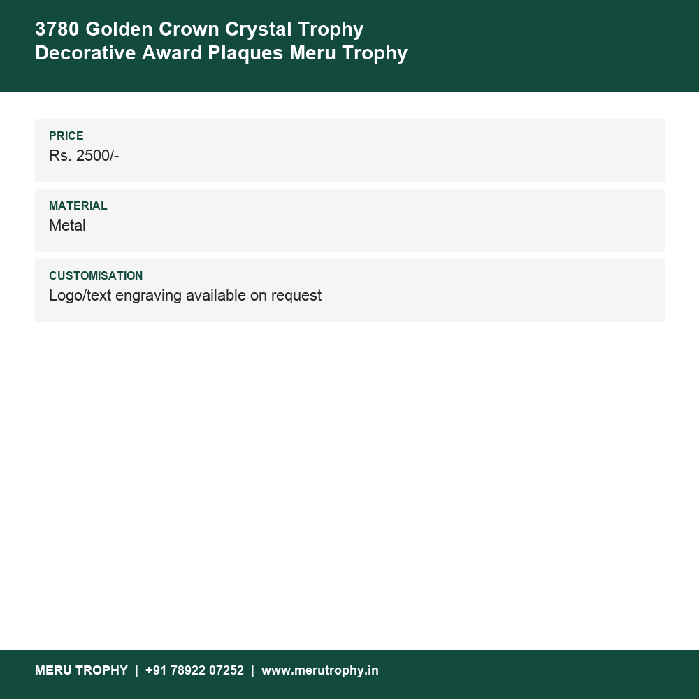 3780 Golden Crown Crystal Trophy Decorative Award Plaques Meru Trophy 3780 details - Meru Trophy