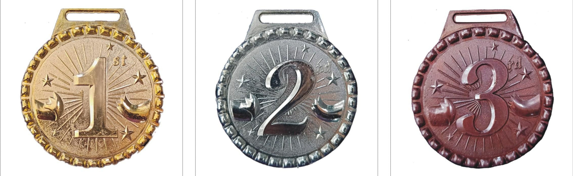 Gold; silver; and bronze medals for recognition and awards.
