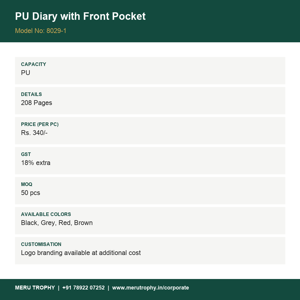 PU Diary with Front Pocket - product detail card - Meru Trophy corporate gifting