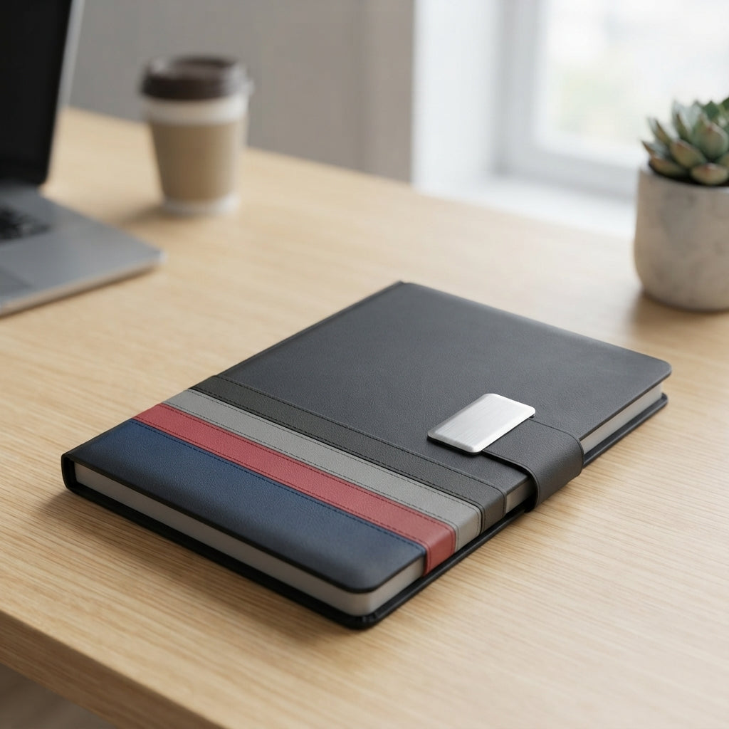 PU Diary with Front Pocket - lifestyle desk shot - Meru Trophy corporate gifting