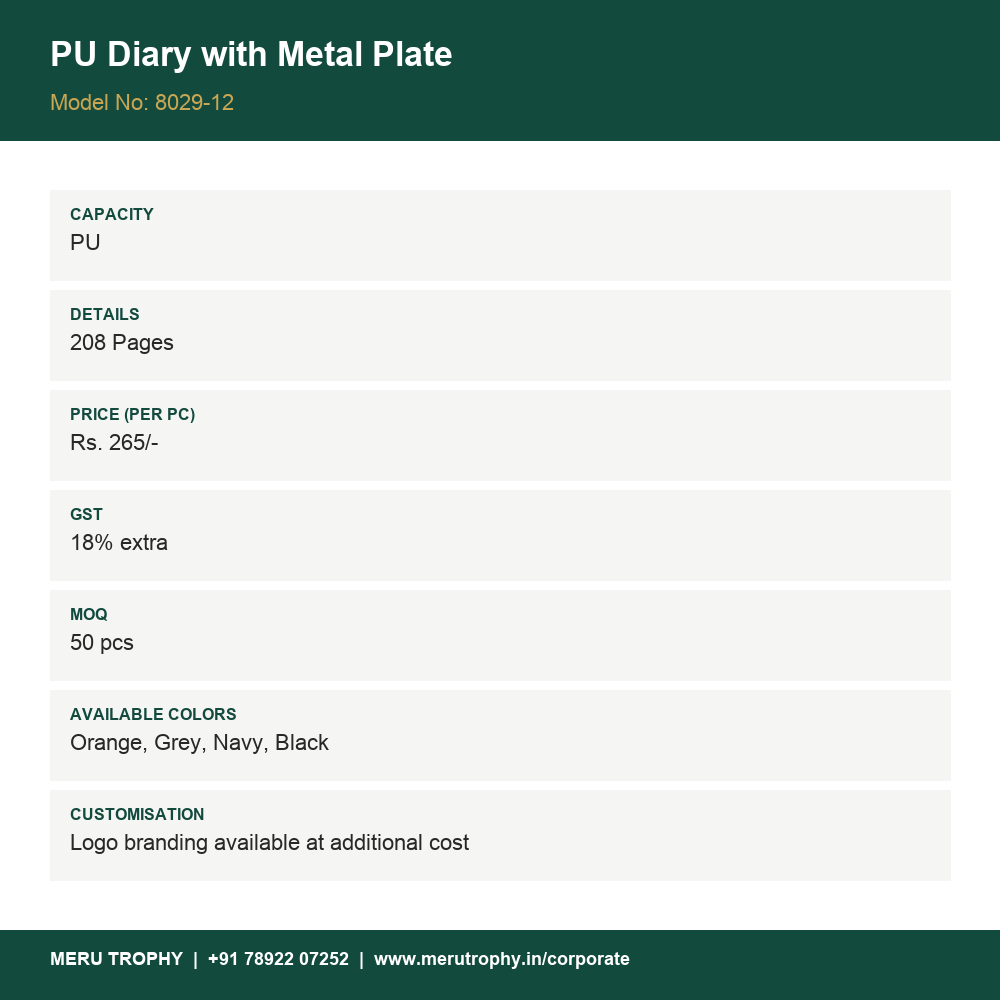 PU Diary with Metal Plate - spec card - Meru Trophy corporate gifting
