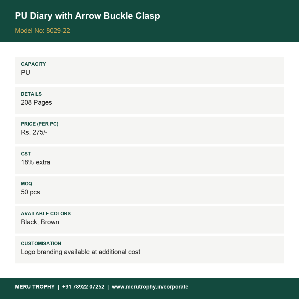 PU Diary with Arrow Buckle Clasp - product details card - Meru Trophy corporate gifting