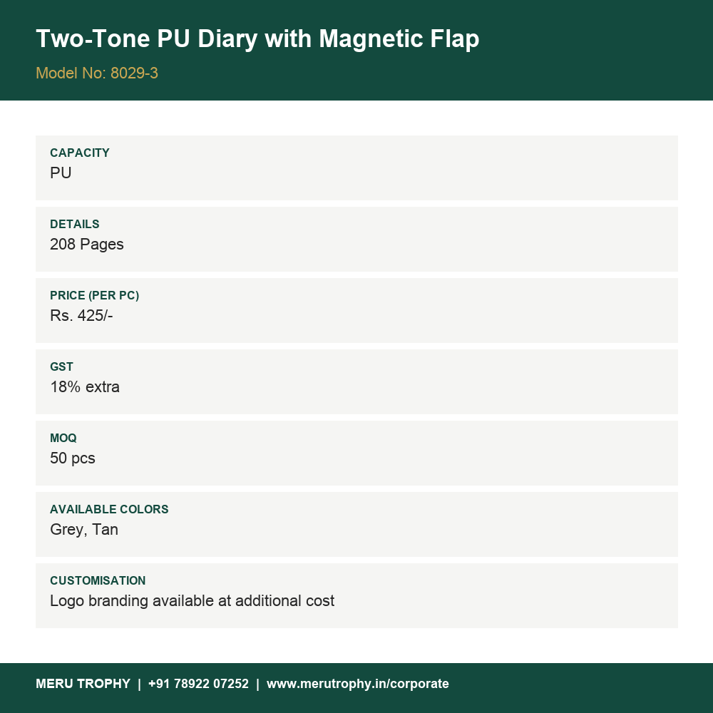Two-Tone PU Diary with Magnetic Flap - spec card - Meru Trophy corporate gifting