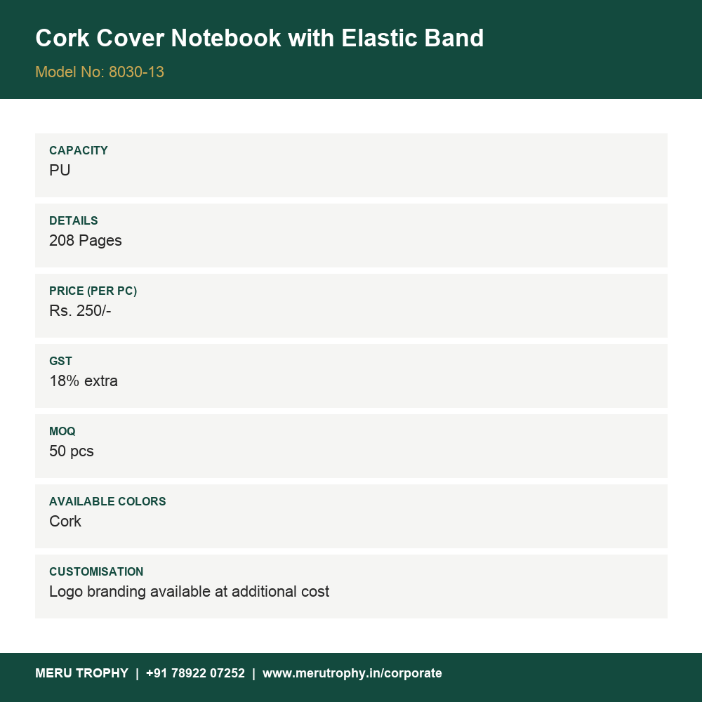 Cork Cover Notebook with Elastic Band - details card - Meru Trophy corporate gifting