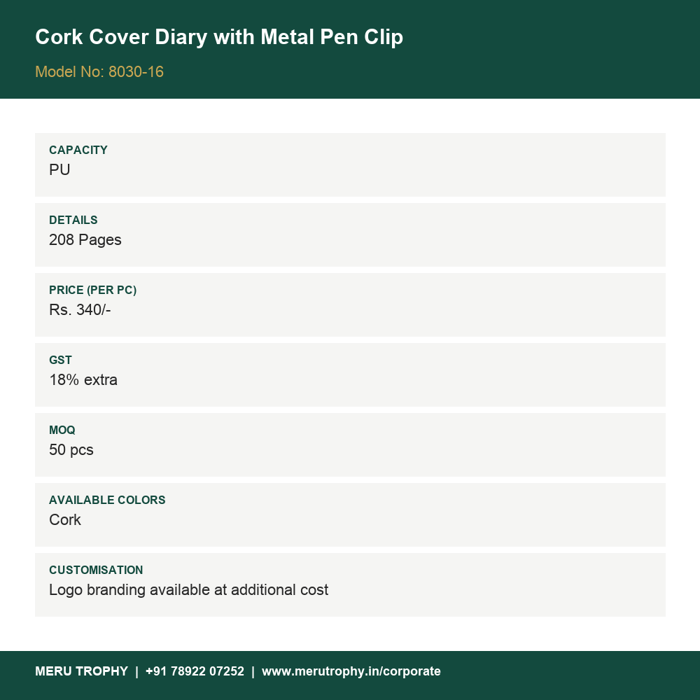 Cork Cover Diary with Metal Pen Clip - details card - Meru Trophy corporate gifting
