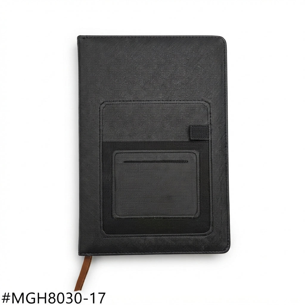 PU Diary with Phone Pocket Cover - Black - Meru Trophy corporate gifting