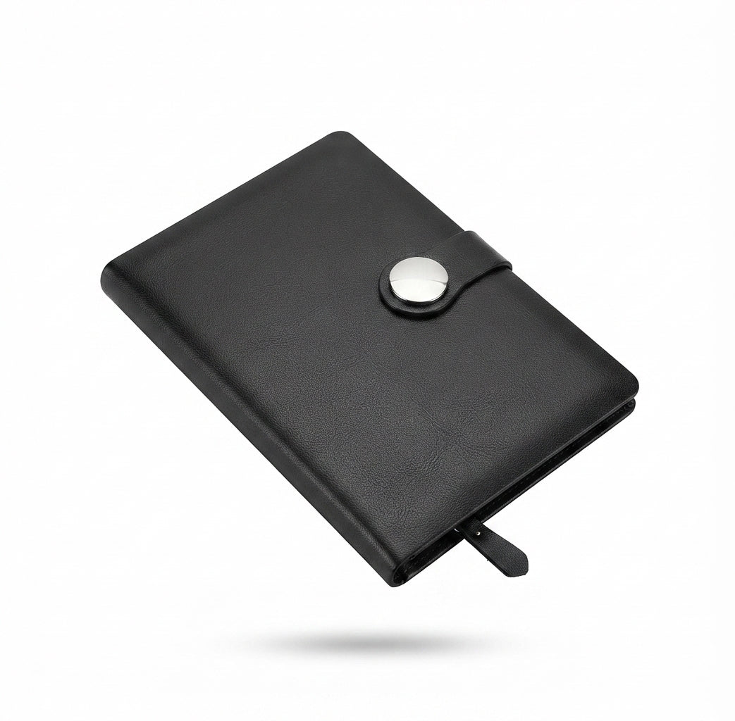PU Diary with Round Snap Button - Black - Meru Trophy corporate gifting