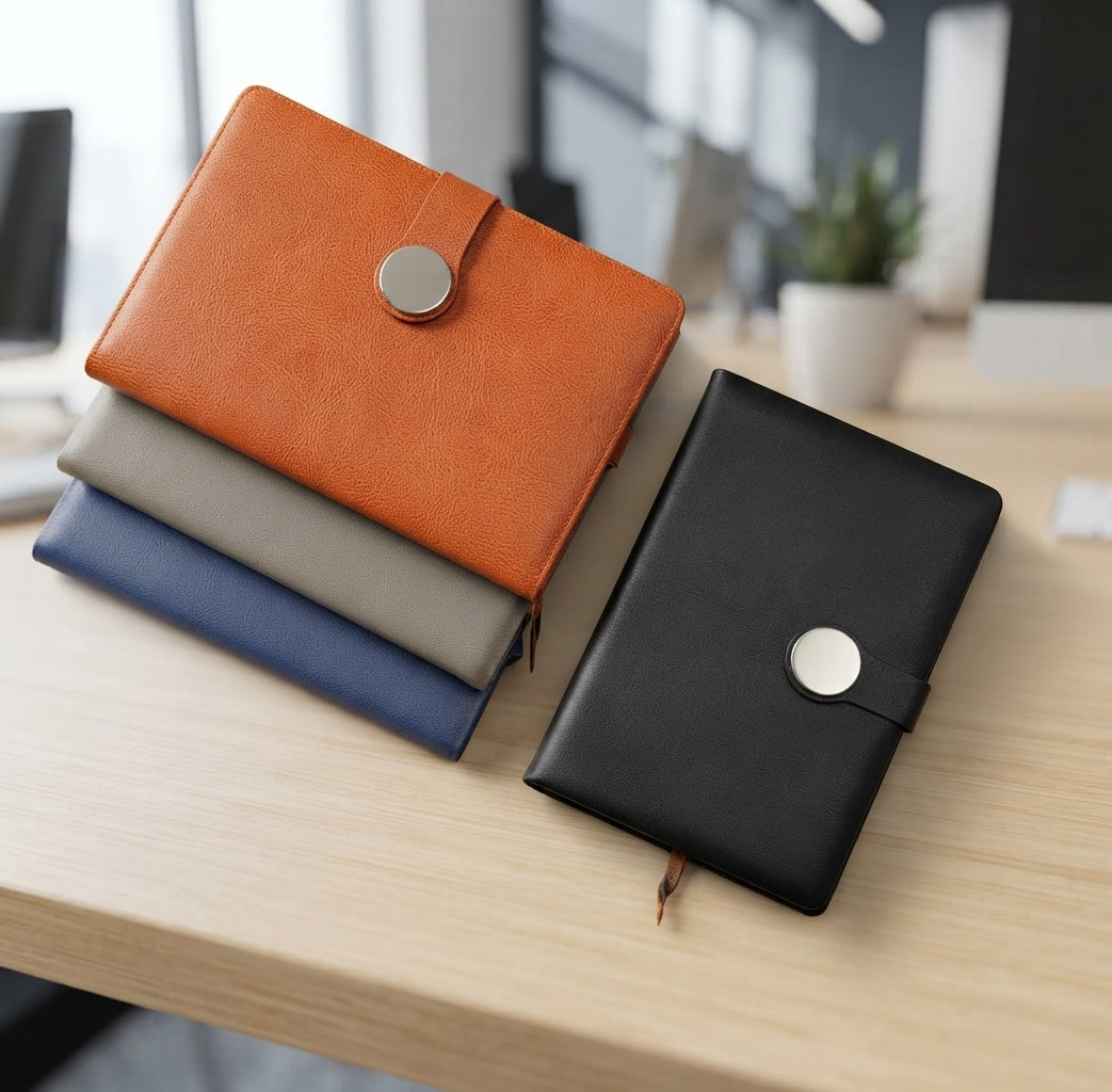 PU Diary with Round Snap Button - lifestyle - Meru Trophy corporate gifting