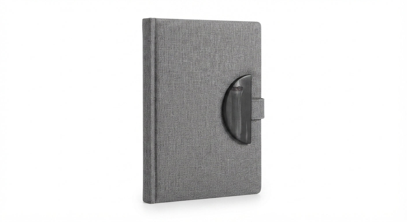 Fabric Diary with Bamboo Half-Moon Accent - Grey - Meru Trophy corporate gifting