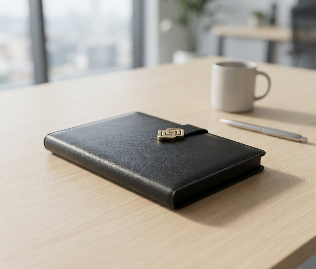 PU Diary with Metal Clasp - lifestyle desk shot - Meru Trophy corporate gifting