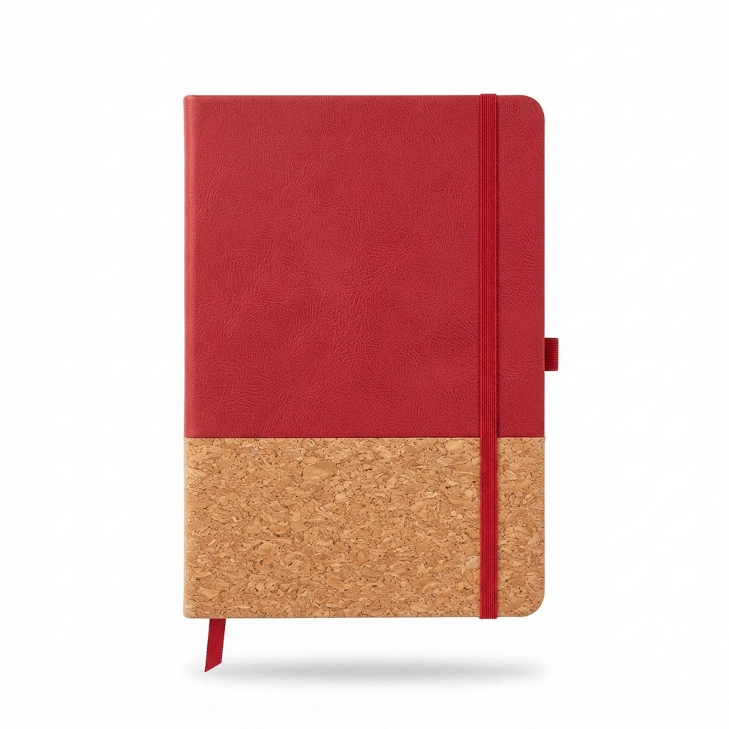 Half Cork PU Notebook with Elastic Band - Red - Meru Trophy corporate gifting