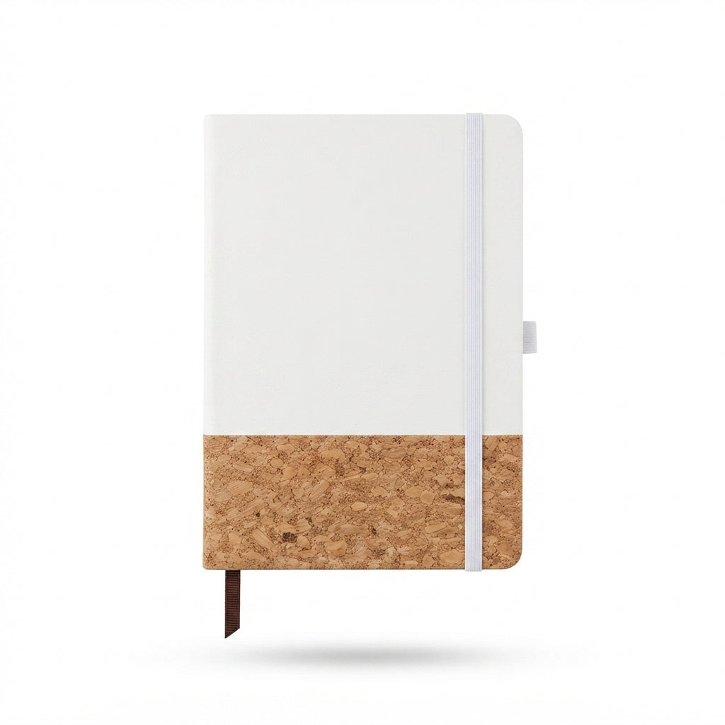 Half Cork PU Notebook with Elastic Band - White - Meru Trophy corporate gifting