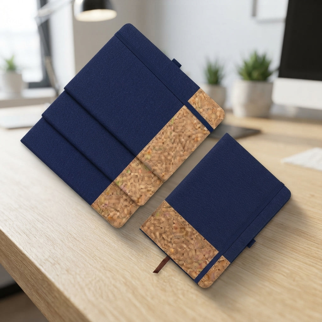 Half Cork PU Notebook with Elastic Band - lifestyle desk shot - Meru Trophy corporate gifting