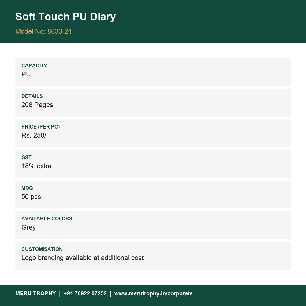 Soft Touch PU Diary - spec card - Meru Trophy corporate gifting