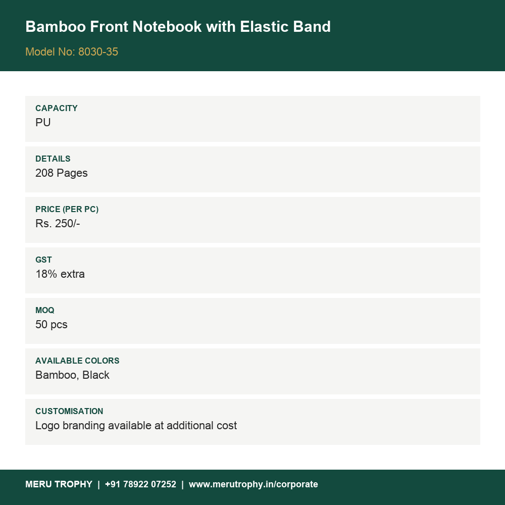 Bamboo Front Notebook with Elastic Band - product details - Meru Trophy corporate gifting