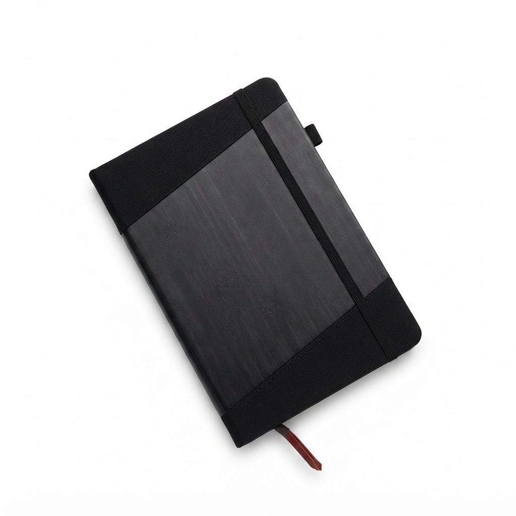 Bamboo Front Notebook with Elastic Band - Black - Meru Trophy corporate gifting