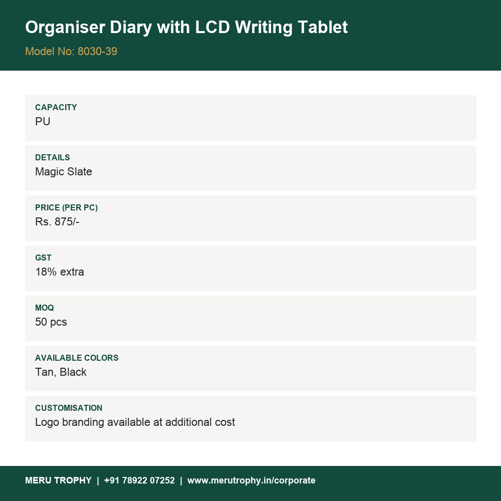 Organiser Diary with LCD Writing Tablet - spec card - Meru Trophy corporate gifting