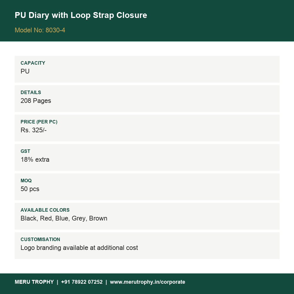 PU Diary with Loop Strap Closure - spec card - Meru Trophy corporate gifting