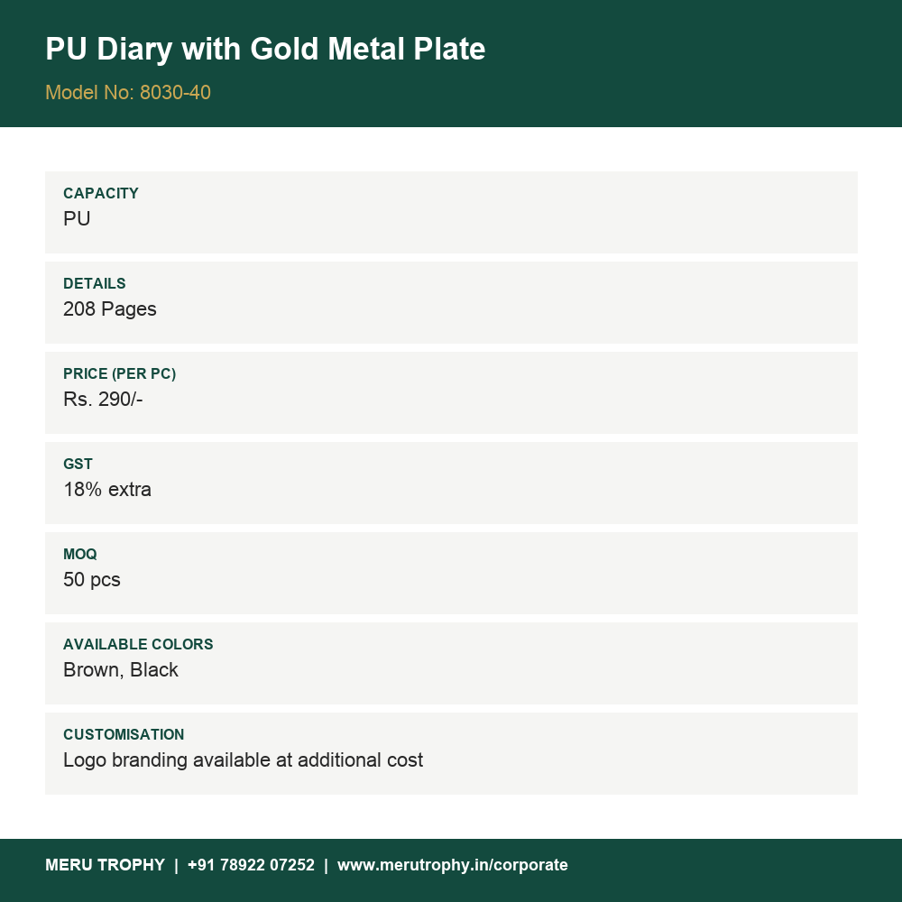 PU Diary with Gold Metal Plate - spec card - Meru Trophy corporate gifting