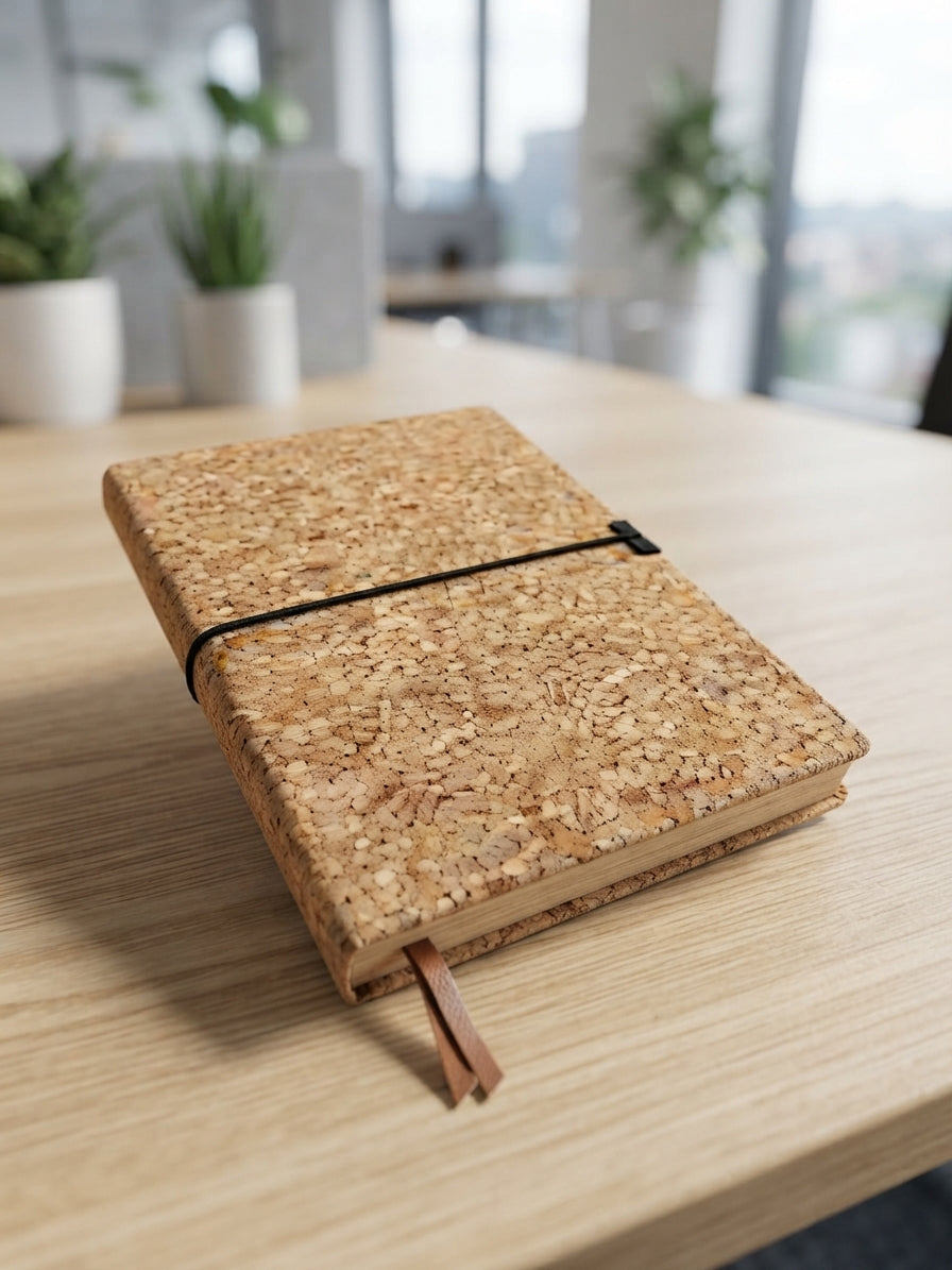 Cork Cover Diary with Vertical Elastic - lifestyle desk shot - Meru Trophy corporate gifting