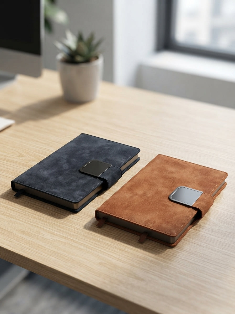 PU Diary with Square Magnetic Flap - lifestyle desk shot - Meru Trophy corporate gifting