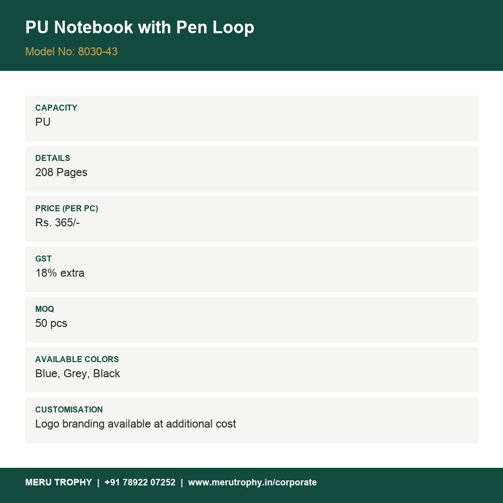 PU Notebook with Pen Loop - product specification card - Meru Trophy corporate gifting