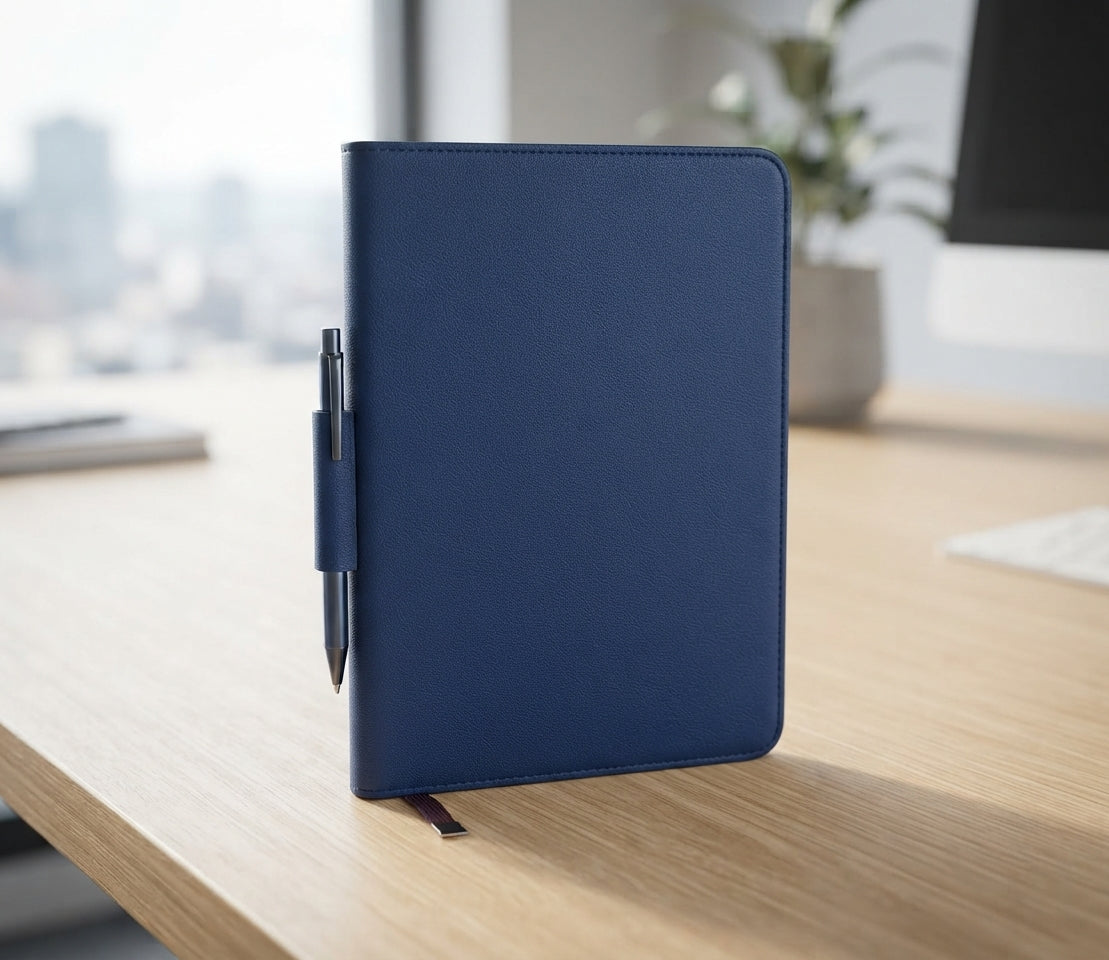 PU Notebook with Pen Loop - lifestyle desk shot - Meru Trophy corporate gifting